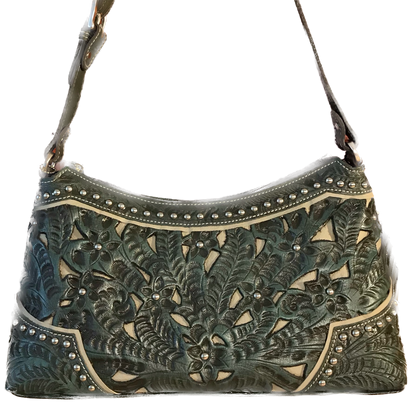 Turquoise Leather Zip-Top Shoulder Bag with Filigree Accents