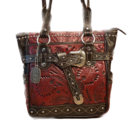 Distressed Crimson Zip Top Tote with Buckle - Black Side Top Panel