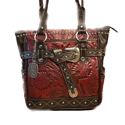 Distressed Crimson Zip Top Tote with Buckle - Black Side Top Panel