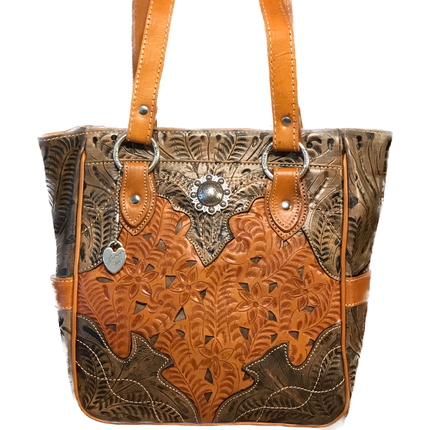 Antique Brown on Distressed Charcoal Brown Leather Zip Top Tote with 3 Outside Pockets - American Leatherworks