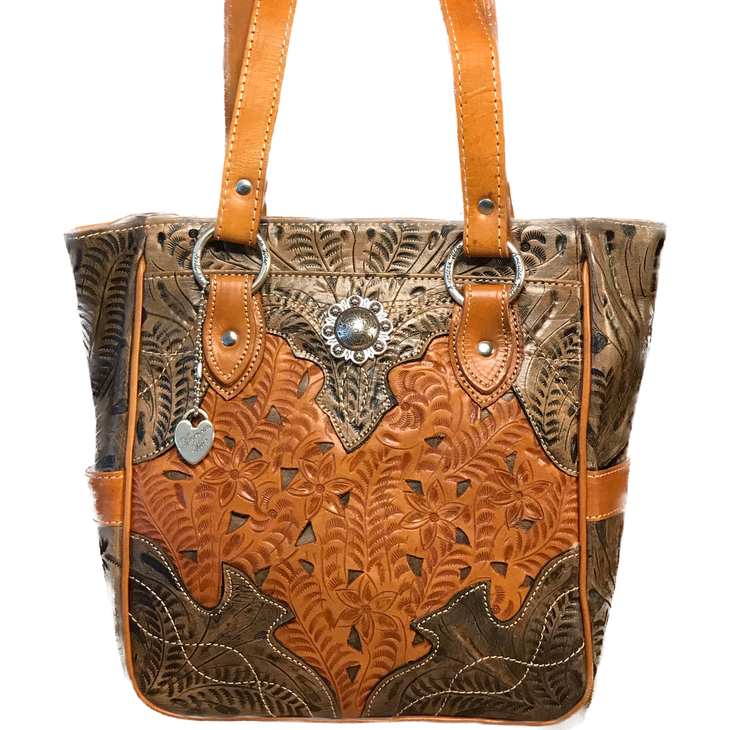 Antique Brown on Distressed Charcoal Brown Leather Zip Top Tote with 3 Outside Pockets