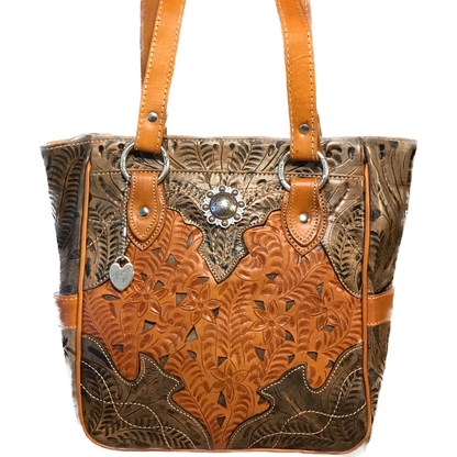 Antique Brown on Distressed Charcoal Brown Leather Zip Top Tote with 3 Outside Pockets