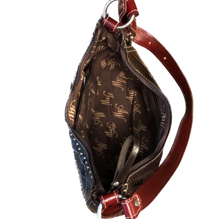 Dark Chocolate and Distressed Crimson Leather Zip Top Structured Hobo with Golden Tan Trim - American Leatherworks