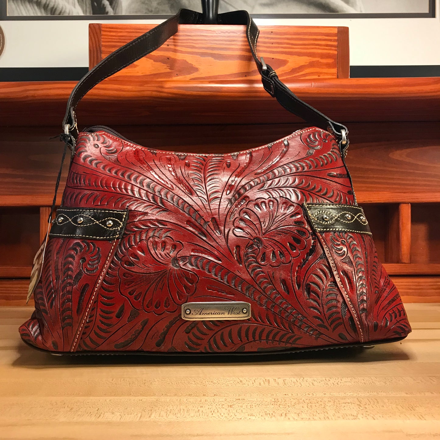Distressed Crimson Zip-Top Shoulder Bag with Buckle - American Leatherworks