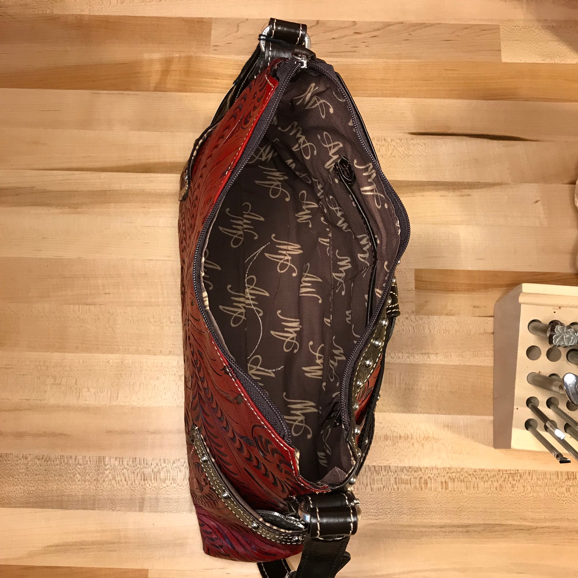 Distressed Crimson Zip-Top Shoulder Bag with Buckle - American Leatherworks