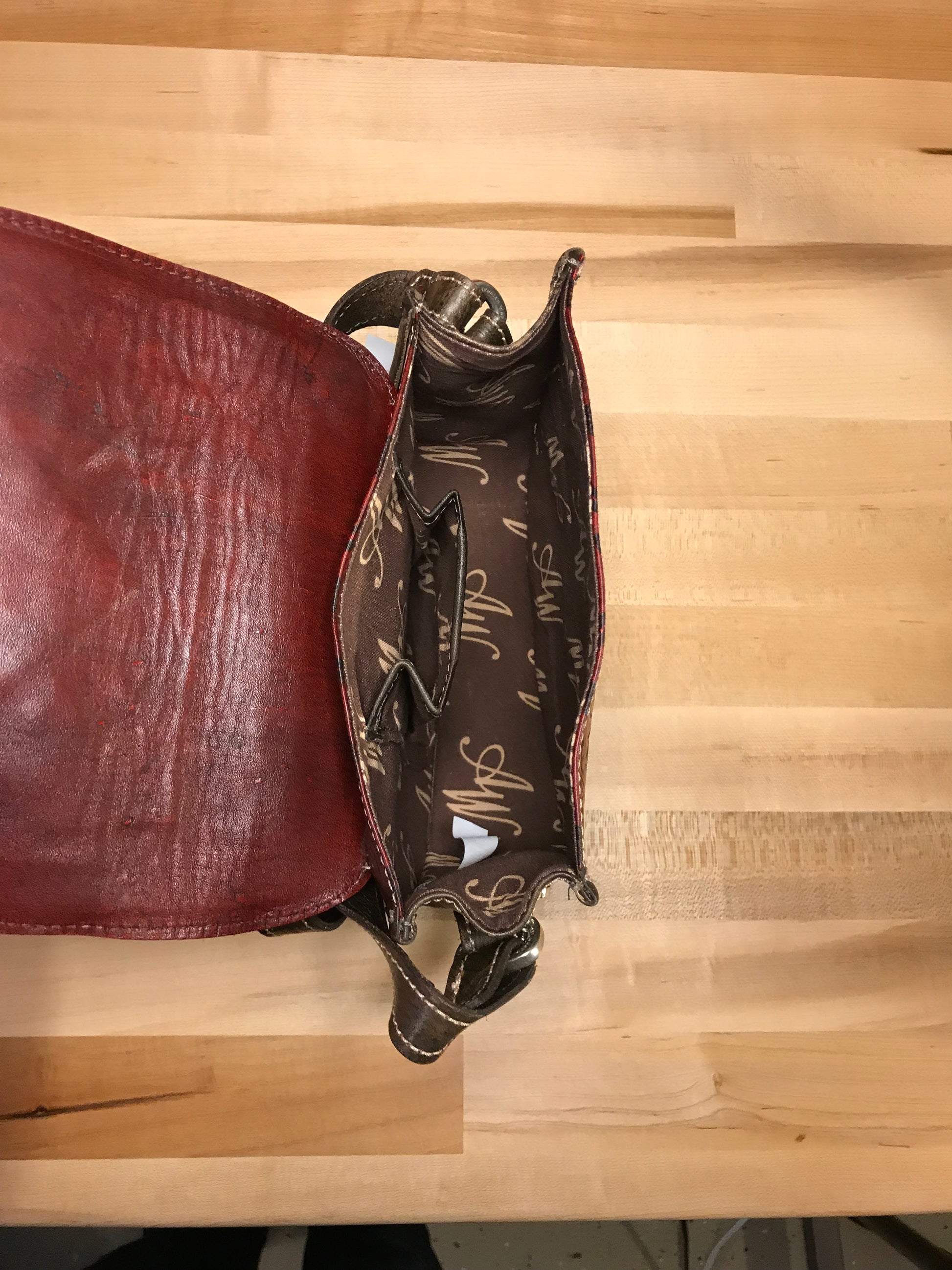 Distressed Crimson and Charcoal Leather Crossbody Flap Bag with Eagle - American Leatherworks