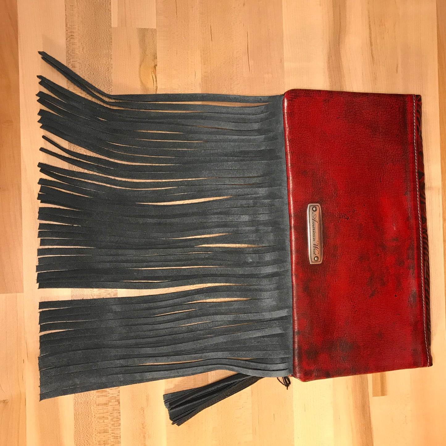 Distressed Crimson Leather Folded Clutch Crimson with Fringe - American Leatherworks