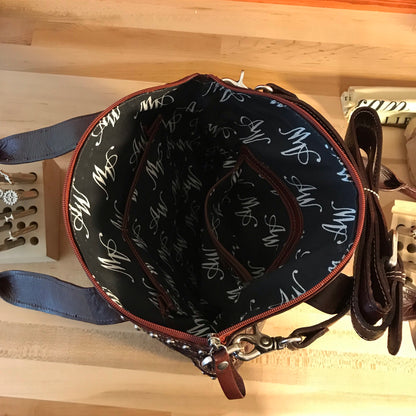 Red Leather with Deep Brown Filigree Accents Convertible Tote - American Leatherworks