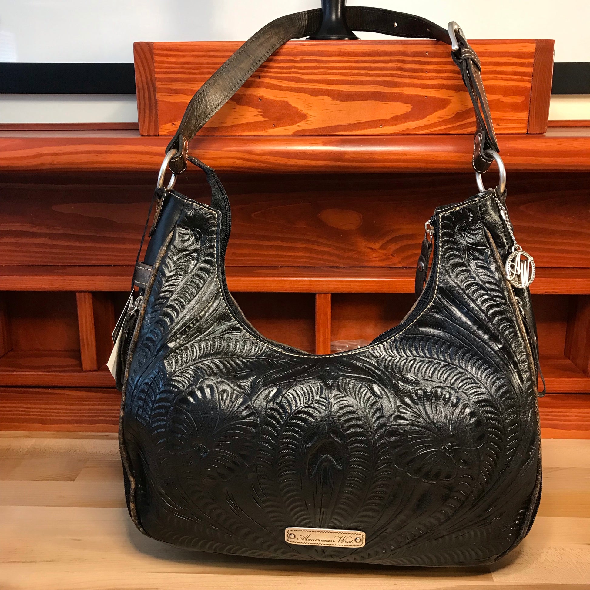 Concealed Carry Black Tooled and Hair-On Leather Scoop-Top Shoulder Bag - American Leatherworks