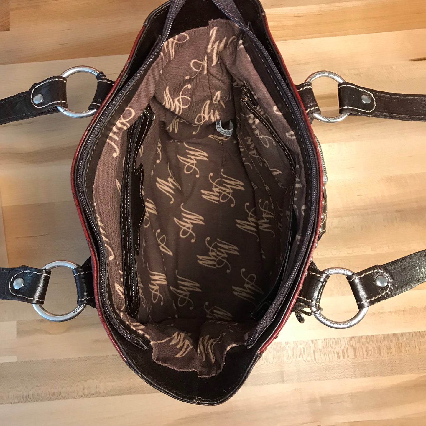 Distressed Crimson Zip Top Tote with Buckle - American Leatherworks